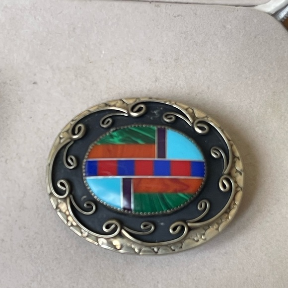 VTG Southwest Mosaic Inlay Gemstone Belt Buckle Silver Plated - Picture 2 of 11